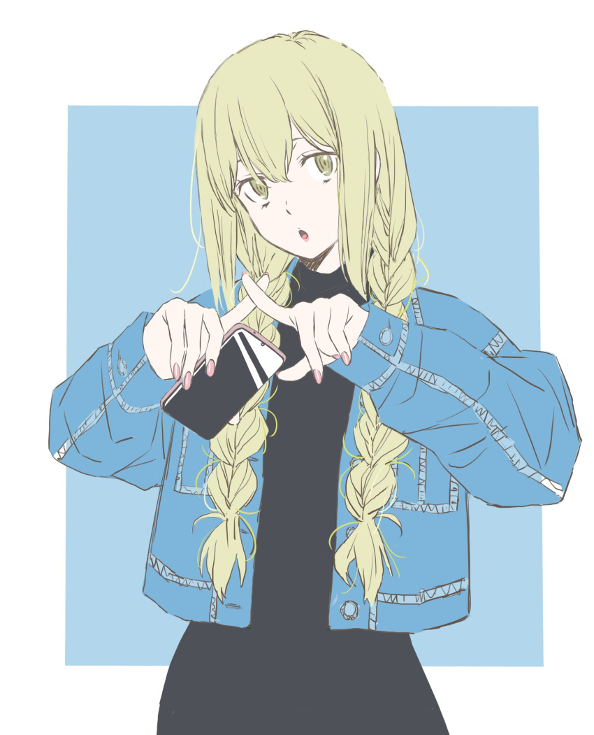 1girl, :o, aiz_wallenstein, braid, cropped_jacket, denim, denim_jacket, dungeon_ni_deai_wo_motomeru_no_wa_machigatteiru_darou_ka