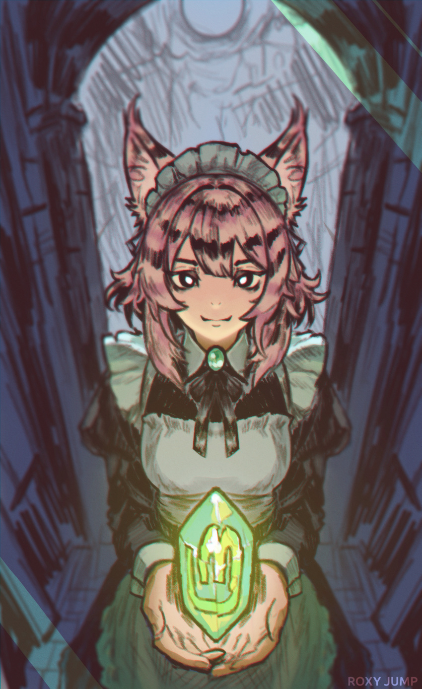 1girl, absurdres, animal_ears, apron, arch, artist_name, black_ribbon, blurry, brooch, cat_ears, closed_mouth, commentary, depth_of_field, double-parted_bangs, english_commentary, feet_out_of_frame, floor, from_above, gem, glowing_gem, green_gem, highres, holding, holding_gem, indoors, jewelry, krita_(medium), linux, linux-tan, linux_mint, looking_at_viewer, maid, maid_apron, maid_headdress, medium_hair, messy_hair, neck_ribbon, original, os-tan, personification, pink_hair, ribbon, roxy_jump, sidelocks, sketch_background, smirk, solo, standing