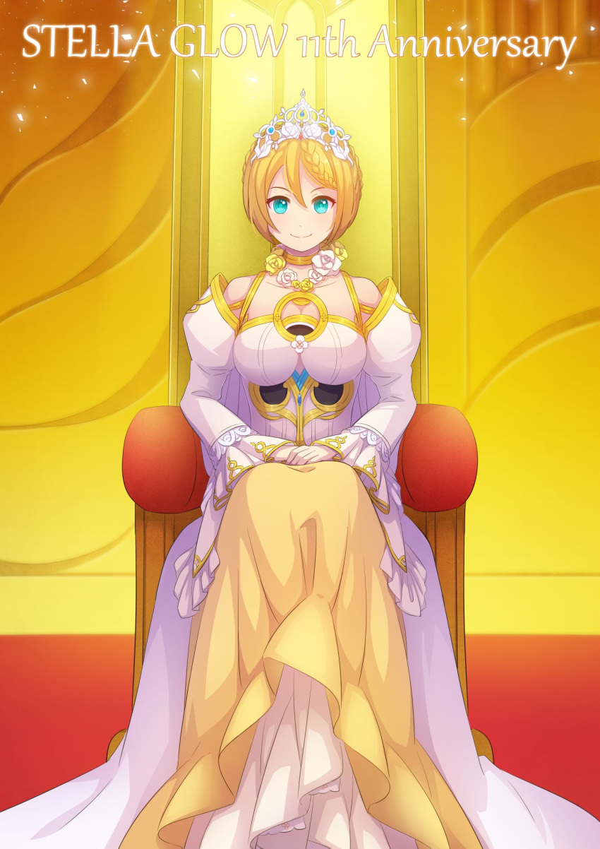 1girl, anastasia_(stella_glow), anniversary, blonde_hair, blue_eyes, commentary_request, copyright_name, dress