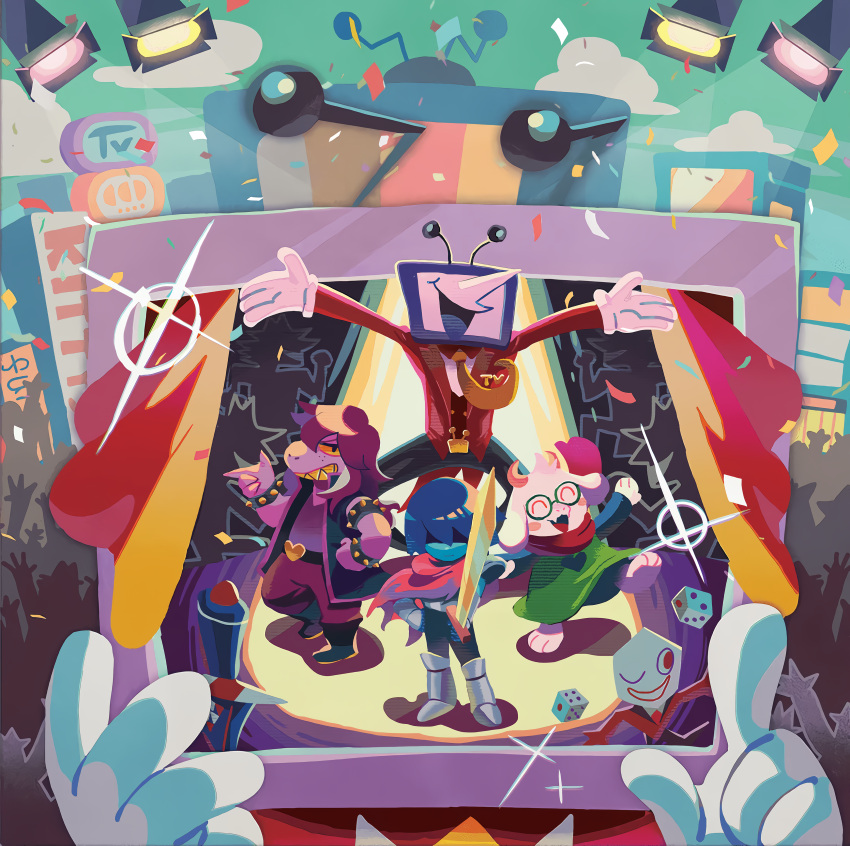 1girl, 1other, absurdres, ant_tenna, city, confetti, crowd, deltarune