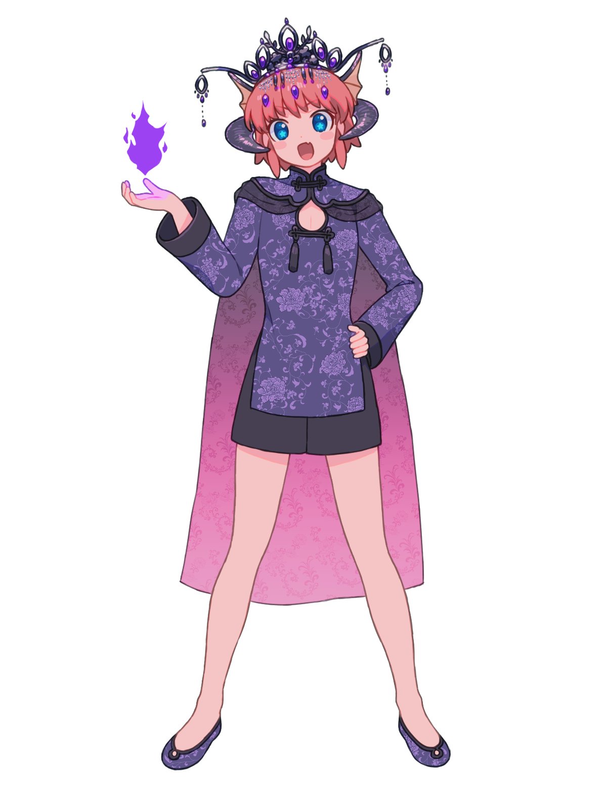 1girl, black_crown, black_horns, black_shorts, blue_eyes, cape, cleavage_cutout, clothing_cutout