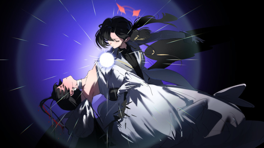 2girls, arm_around_another's_back, black_hair, black_shirt, blue_archive, blurry, choker, closed_eyes