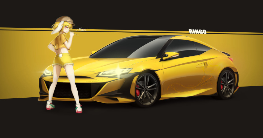 1girl, absurdres, animal_ears, blonde_hair, brown_hat, car, commentary_request, dango