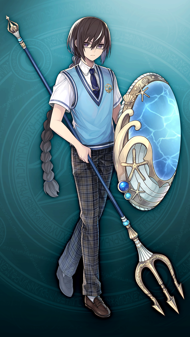 1boy, aqua_background, aqua_vest, artist_request, blue_necktie, braid, brown_shoes, closed_mouth, clovis_(gakuen)_(grimms_notes), clovis_(grimms_notes), game_asset, glasses, grimms_notes, holding, holding_polearm, holding_shield, holding_weapon, long_hair, looking_at_viewer, male_focus, multicolored_hair, necktie, non-web_source, official_art, pants, plaid_clothes, plaid_pants, polearm, shield, shirt, shoes, short_sleeves, single_braid, solo, streaked_hair, vest, violet_eyes, weapon, white_shirt, white_streaks