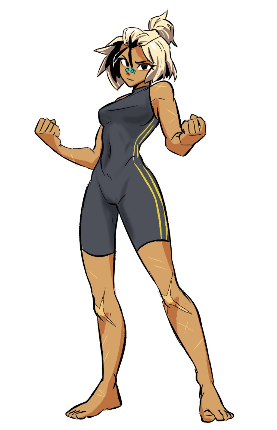 1girl, bandaid, bandaid_on_face, bandaid_on_nose, barefoot, beck_shiloh, black_eyes, black_hair, black_unitard, blonde_hair, breasts, clenched_hands, commentary, cross_scar, dark-skinned_female, dark_skin, english_commentary, high_ponytail, highres, medium_breasts, multicolored_hair, multiple_scars, ponytail, rumble_after_dark, scar, scar_on_arm, scar_on_foot, scar_on_knee, scar_on_leg, scar_on_shoulder, solo, spicymancer, streaked_hair, two-tone_hair