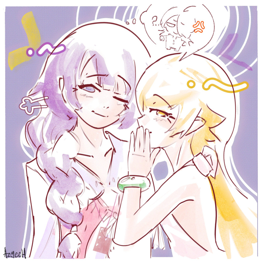 ..., 2girls, ?, ahoge, anger_vein, araragi_koyomi, artist_name, azmcch