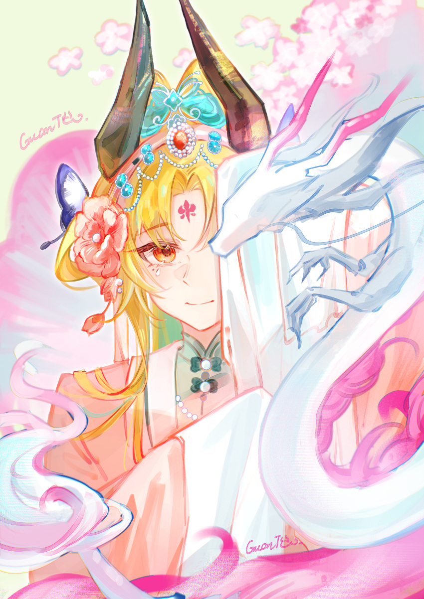 1girl, absurdres, arknights, blonde_hair, chinese_clothes, chinese_commentary, closed_mouth, commentary_request