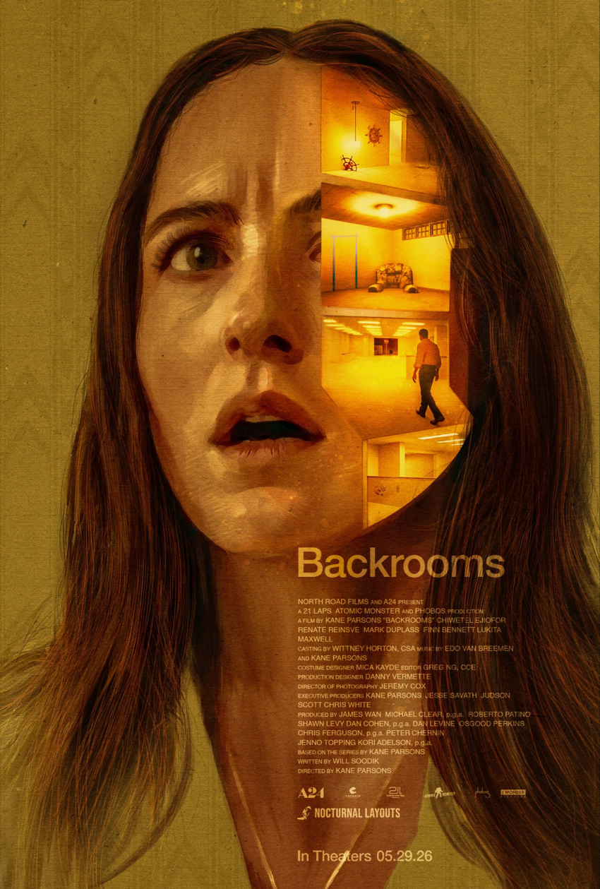 1boy, 1girl, backrooms_(2026_film), backrooms_(creepypasta), brown_hair, chair, clark_(backrooms), collarbone