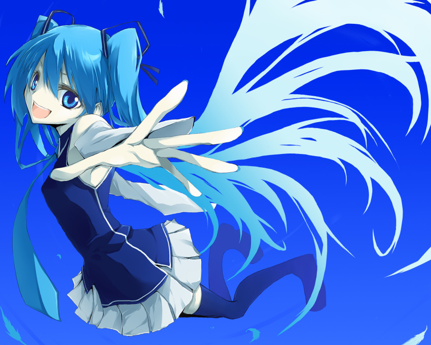 ars, blue_eyes, blue_hair, hair_ribbon, hatsune_miku, highres, ribbon, skirt