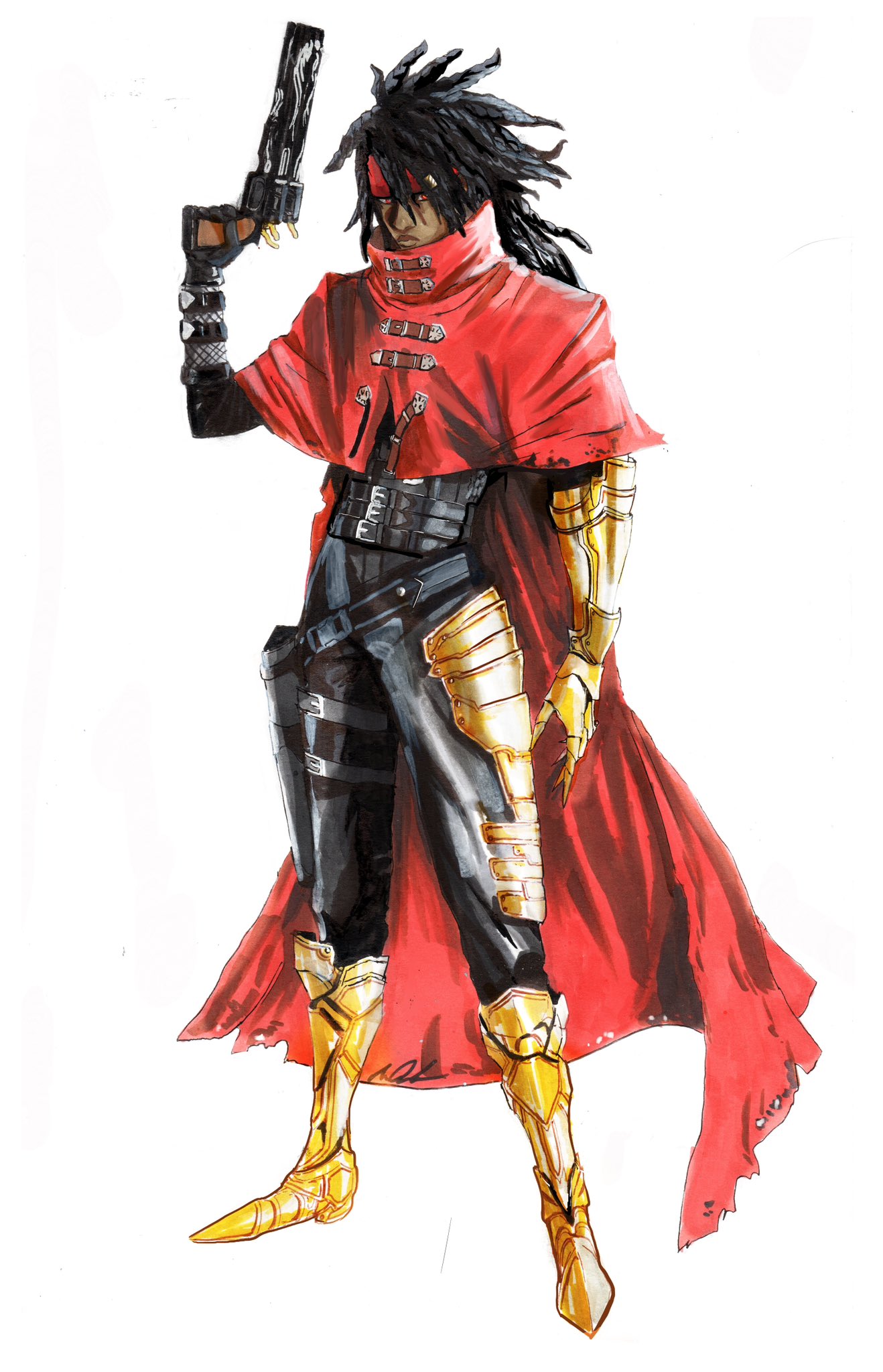 1boy, alternate_skin_color, armor, armored_boots, belt, black_bodysuit, black_hair, bodysuit