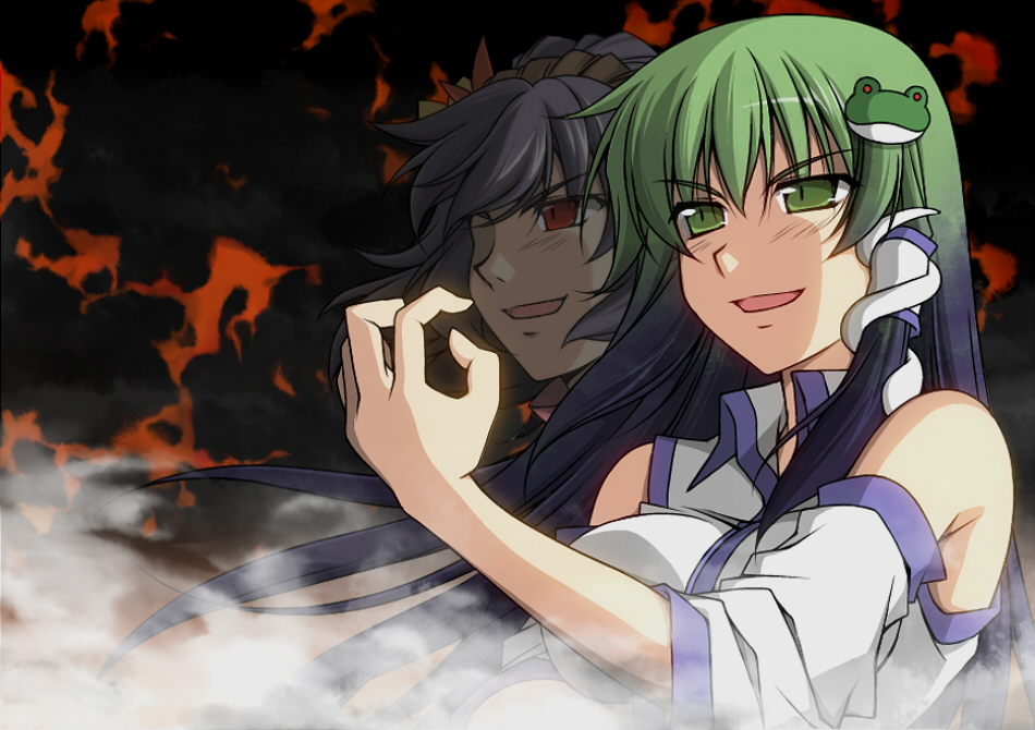 detached_sleeves, dress, frog, green_eyes, green_hair, hair_ornament, inu_mamoru_mizuki, kochiya_sanae