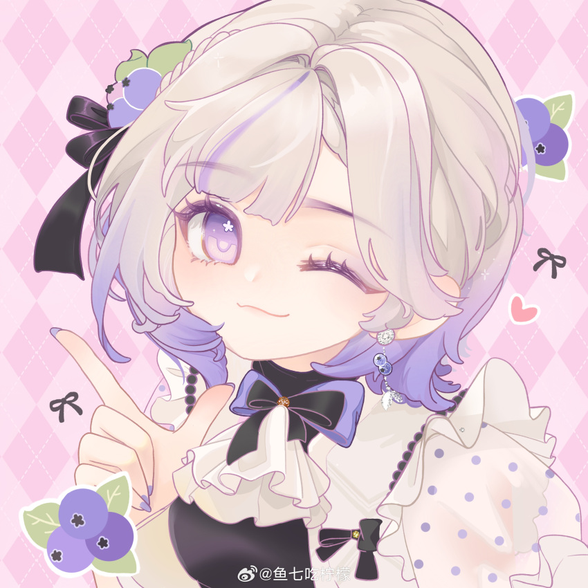 1girl, absurdres, argyle_background, ascot, bare_arms, berry_tea_time_(shining_nikki), black_bow, black_bowtie