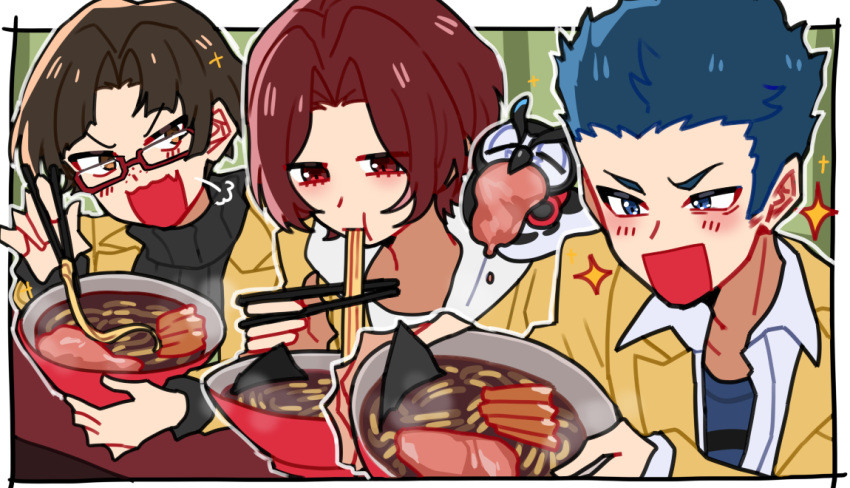 3boys, bird, blue_eyes, blue_hair, blush, brown_eyes, brown_hair, chopsticks
