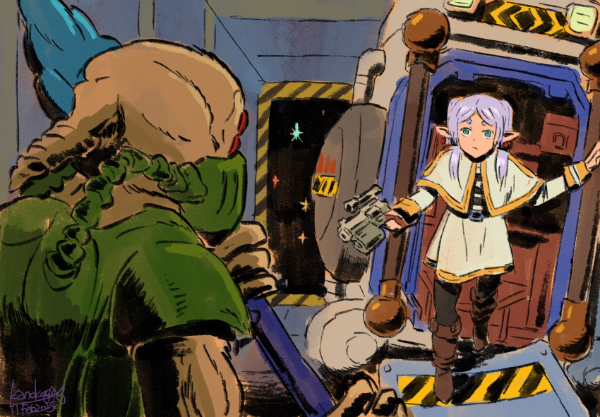 1girl, :/, alien, armor, belt, black_belt, black_leggings, black_shirt, boots, brown_boots, capelet, closed_mouth, commentary, crossover, earrings, elf, english_commentary, frieren, full_body, gem, gold_trim, green_armor, green_eyes, gun, hand_up, handgun, highres, holding, holding_gun, holding_staff, holding_weapon, jewelry, kanokoga, knee_boots, leggings, long_hair, long_pointy_ears, long_sleeves, looking_at_another, marathon_(1994), marathon_(series), mask, mouth_mask, optical_sight, parted_bangs, pfhor_(marathon), pink_hair, pointy_ears, red_eyes, red_gem, scene_reference, science_fiction, serious, shirt, signature, sketch, skirt, skirt_set, sousou_no_frieren, space, spacecraft_interior, staff, star_(sky), striped_clothes, striped_shirt, teardrop_earrings, twintails, walking, weapon, white_capelet, white_shirt, white_skirt