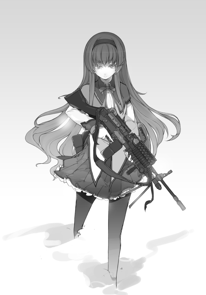 akemi_homura, gun, hairband, highres, long_hair, m249, machine_gun, magical_girl