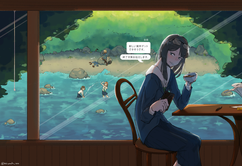 4girls, absurdres, artist_name, asakusa_midori, bag, beach, black_hair, black_socks, blonde_hair, blue_jacket, blue_shirt, blush, bob_cut, boom_microphone, boulder, brown_bag, brown_hair, brown_shoes, cellphone, chair, commentary_request, cup, dark-skinned_female, dark_skin, day, doumeki_parker, drawstring, drink, drinking, eizouken_ni_wa_te_wo_dasu_na!, eyewear_on_head, foliage, freckles, glasses, green_necktie, grin, hair_between_eyes, hands_up, highres, holding, holding_cup, holding_drink, holding_microphone, holding_phone, indoors, inverted_bob, jacket, kanamori_sayaka, lake, leaning_to_the_side, loafers, long_hair, looking_at_phone, messenger_bag, microphone, mizusaki_tsubame, multiple_girls, necktie, nekomoto_san, on_chair, on_rock, one_eye_closed, outdoors, over-rim_eyewear, papers, parted_lips, partially_submerged, pen, phone, playing, rectangular_eyewear, rock, sailor_collar, school_uniform, semi-rimless_eyewear, shibahama_high_school_uniform, shirt, shoes, short_hair, shoulder_bag, signature, sitting, smartphone, smile, socks, solo_focus, speech_bubble, splashing, swept_bangs, table, tea, teacup, text_messaging, translated, twitter_username, unworn_jacket, unworn_shoes, unworn_socks, v-shaped_eyebrows, wading, water, white_sailor_collar, white_shirt, window, wooden_wall