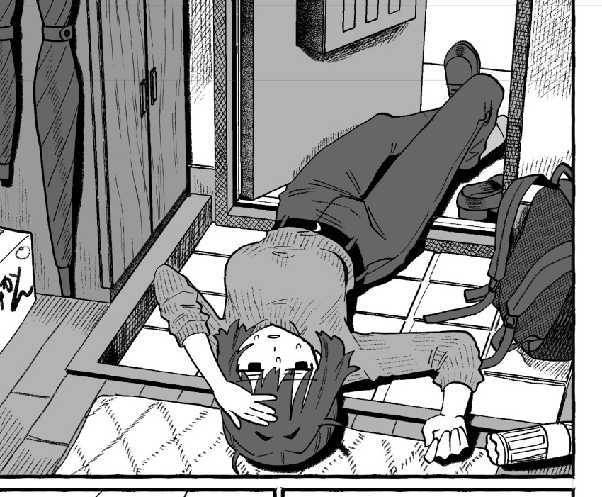 1girl, backpack, bag, commentary_request, door, from_above, genkan, greyscale