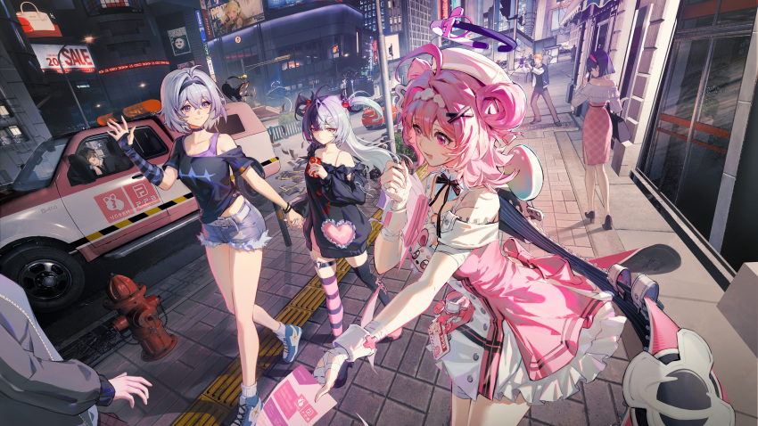 3boys, 4girls, absurdres, black_hair, black_shirt, black_thighhighs, blue_shorts, breasts, chinese_commentary, chiz_(nte), commentary_request, drink, female_esper_zero_(city_wanderer)_(nte), female_esper_zero_(nte), grey_hair, hair_ornament, highres, holding, holding_drink, lacrimosa_(new_moon_lullaby)_(nte), lacrimosa_(nte), long_hair, loungewear, multicolored_hair, multicolored_thighhighs, multiple_boys, multiple_girls, neverness_to_everness, official_alternate_costume, pink_thighhighs, red_eyes, shirt, short_hair, shorts, small_breasts, split-color_hair, streaked_hair, striped_clothes, striped_thighhighs, thigh-highs, torn_clothes, torn_shorts, twintails, two-tone_thighhighs, white_hair, x_hair_ornament, yunmaojan