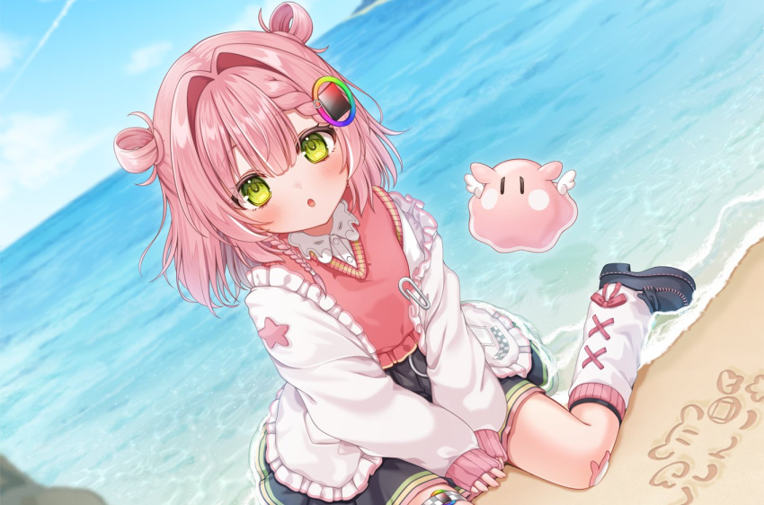 1girl, :o, arms_between_legs, bandage_on_knee, beach, black_shoes, black_skirt, blue_sky, bow, braid, braided_bangs, breasts, buttons, caustics, center-flap_bangs, circle_skirt, clip_studio_paint_(medium), clouds, color_picker, color_wheel, color_wheel_hair_ornament, commentary_request, contrail, creature, day, dress_shirt, dutch_angle, foot_out_of_frame, frilled_jacket, frills, green_eyes, hair_intakes, hair_rings, horizon, indie_virtual_youtuber, jacket, jacket_partially_removed, leg_warmers, loafers, long_sleeves, looking_at_viewer, medium_hair, miniskirt, nijipuka_nuhu, nijipuka_nuhu_(vtuber), ocean, open_clothes, open_jacket, open_mouth, outdoors, pink_bow, pink_sweater_vest, pleated_skirt, puffy_long_sleeves, puffy_sleeves, safety_pin, sand, sand_writing, shirt, shoes, shore, sidelocks, sitting, skirt, sky, sleeves_past_wrists, small_breasts, solo, sweater_vest, thigh_strap, virtual_youtuber, wariza, water, white_leg_warmers, white_shirt
