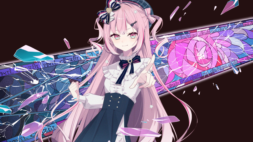1girl, absurdres, asagisui, beret, bib, black_dress, blue_hair, bow