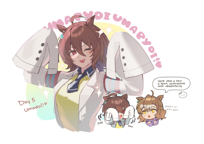 2girls, :d, :o, agnes_tachyon_(tach-nology)_(umamusume), agnes_tachyon_(umamusume), ahoge, animal_ear_piercing, animal_ears