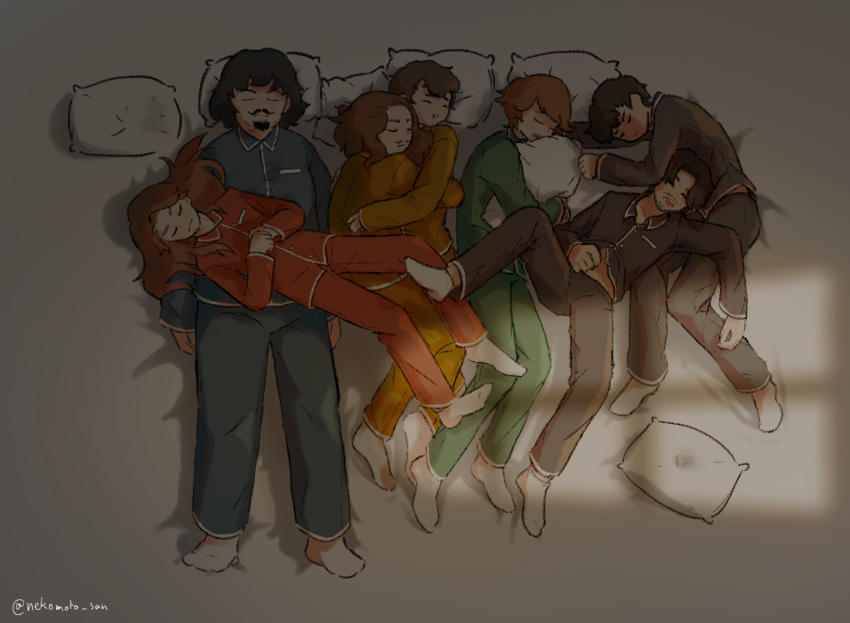 6+boys, beard, black_hair, black_pajamas, blue_pajamas, brown_hair, character_request, check_character