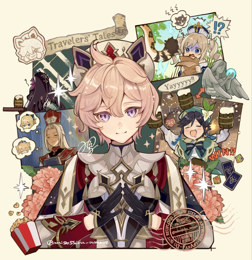 !?, 3boys, 3girls, ahoge, barbara_(genshin_impact), beer_stein, black_cloak, black_gloves