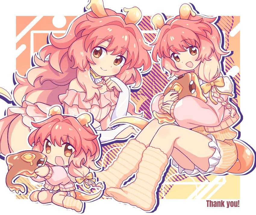 ._., 1girl, 1other, :d, absurdres, antennae, bonnibelle_amai, bow, braid, butter, cardigan, detached_collar, english_text, food, gradient_hair, hair_bow, highres, indie_virtual_youtuber, long_hair, multicolored_hair, no_shoes, orange_eyes, orange_hair, shorts, side_braid, smile, stingray, stingray_girl, stingray_tail, suzuno_(suzuno3110), syrup_(bonnibelle_amai), tail, virtual_youtuber