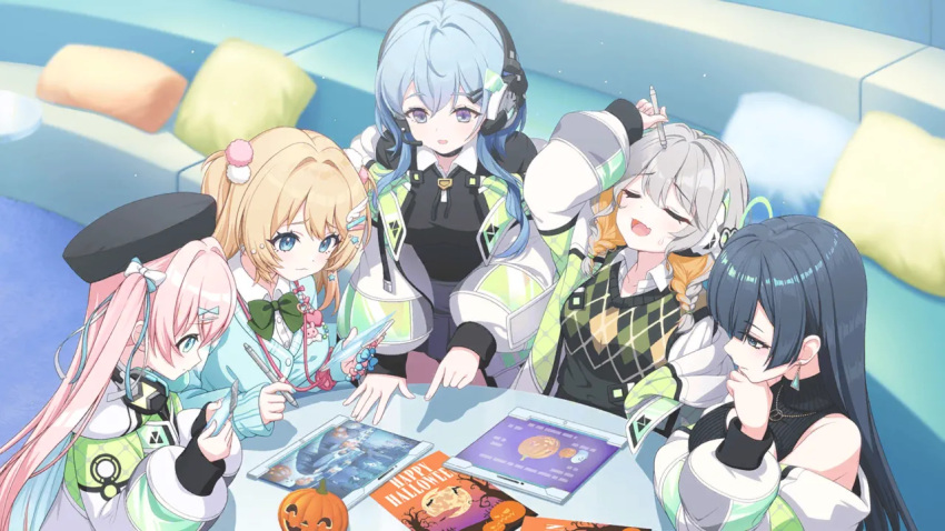 5girls, aqua_hair, aqua_ribbon, aqua_sweater_vest, artist_request, black_hair, black_shirt, black_sweater