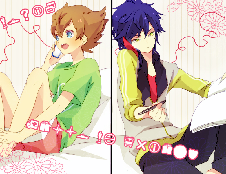 blue_eyes, blue_hair, book, brown_hair, cellphone, inazuma_eleven, inazuma_eleven_(series), inazuma_eleven_go