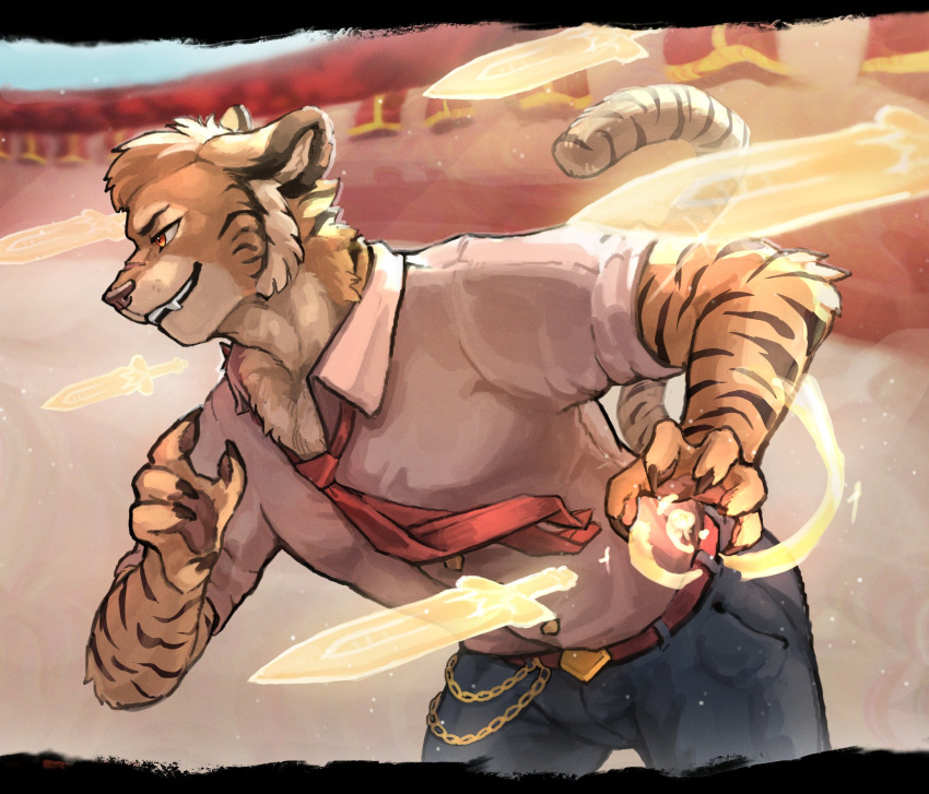 1boy, aiden_kiraman_(lust_shards), animal_ears, claws, denim, energy_sword, english_commentary, fang, fang_out, furry, furry_male, highres, jeans, lust_shards, male_focus, necktie, pants, pawpads, pink_shirt, pyrel_inscry13, red_necktie, shirt, smile, sword, tail, tiger_boy, tiger_ears, tiger_stripes, tiger_tail, weapon