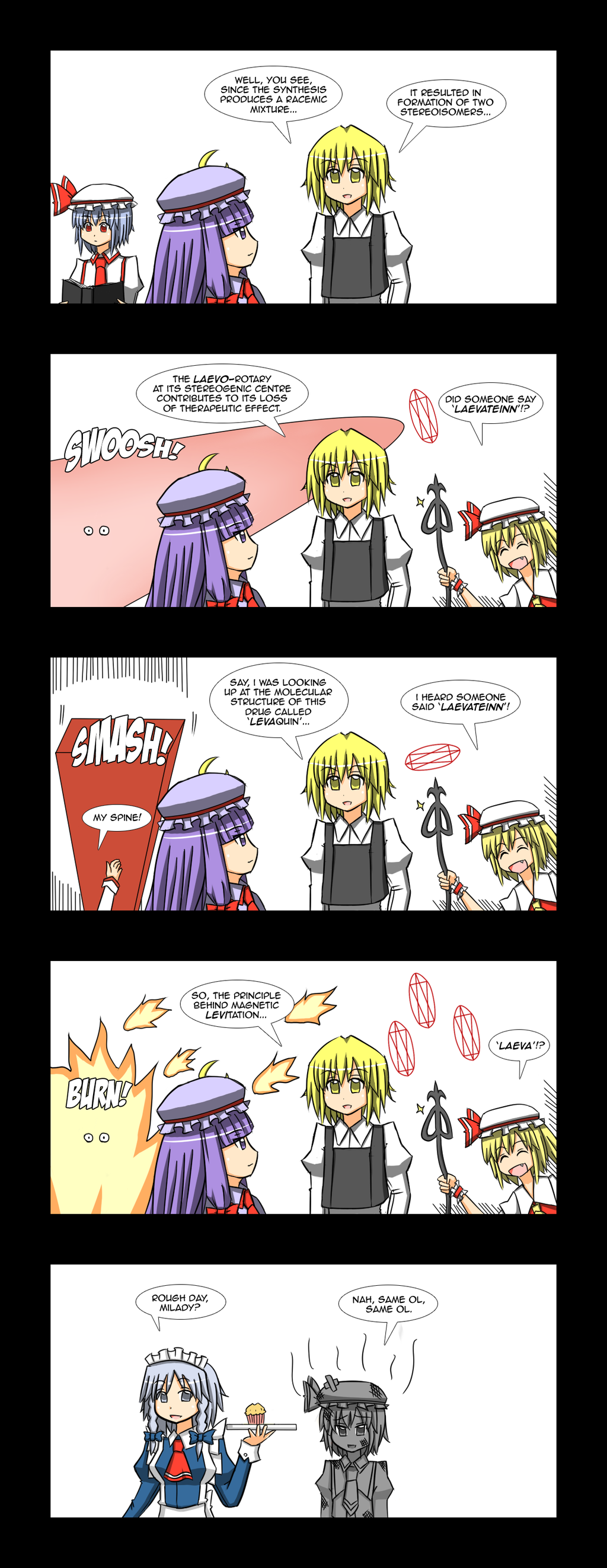 5koma, comic, flandre_scarlet, izayoi_sakuya, kirisame_marisa, lunarisaileron, patchouli_knowledge, pun