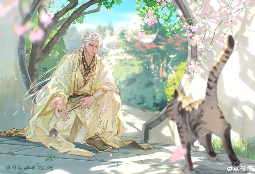 1boy, 1other, absurdres, alternate_hair_length_(longer), brown_shoes, cat, chinese_clothes, chinese_commentary