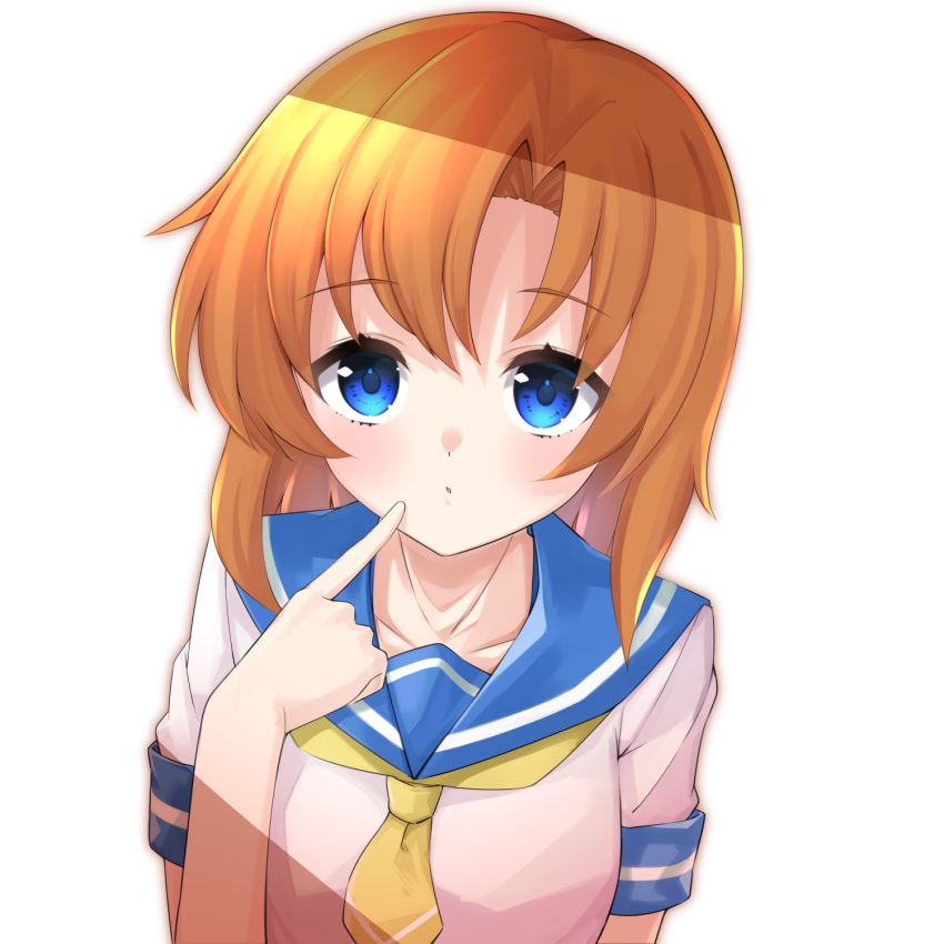 1girl, blue_eyes, blue_sailor_collar, commentary_request, finger_to_cheek, highres, higurashi_no_naku_koro_ni, joniwi