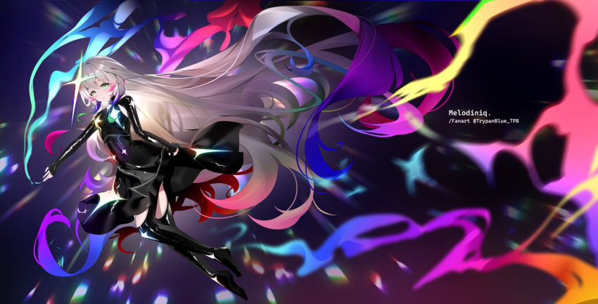 1girl, armpit_cutout, artist_name, black_dress, black_thighhighs, chunithm, clothing_cutout, commentary