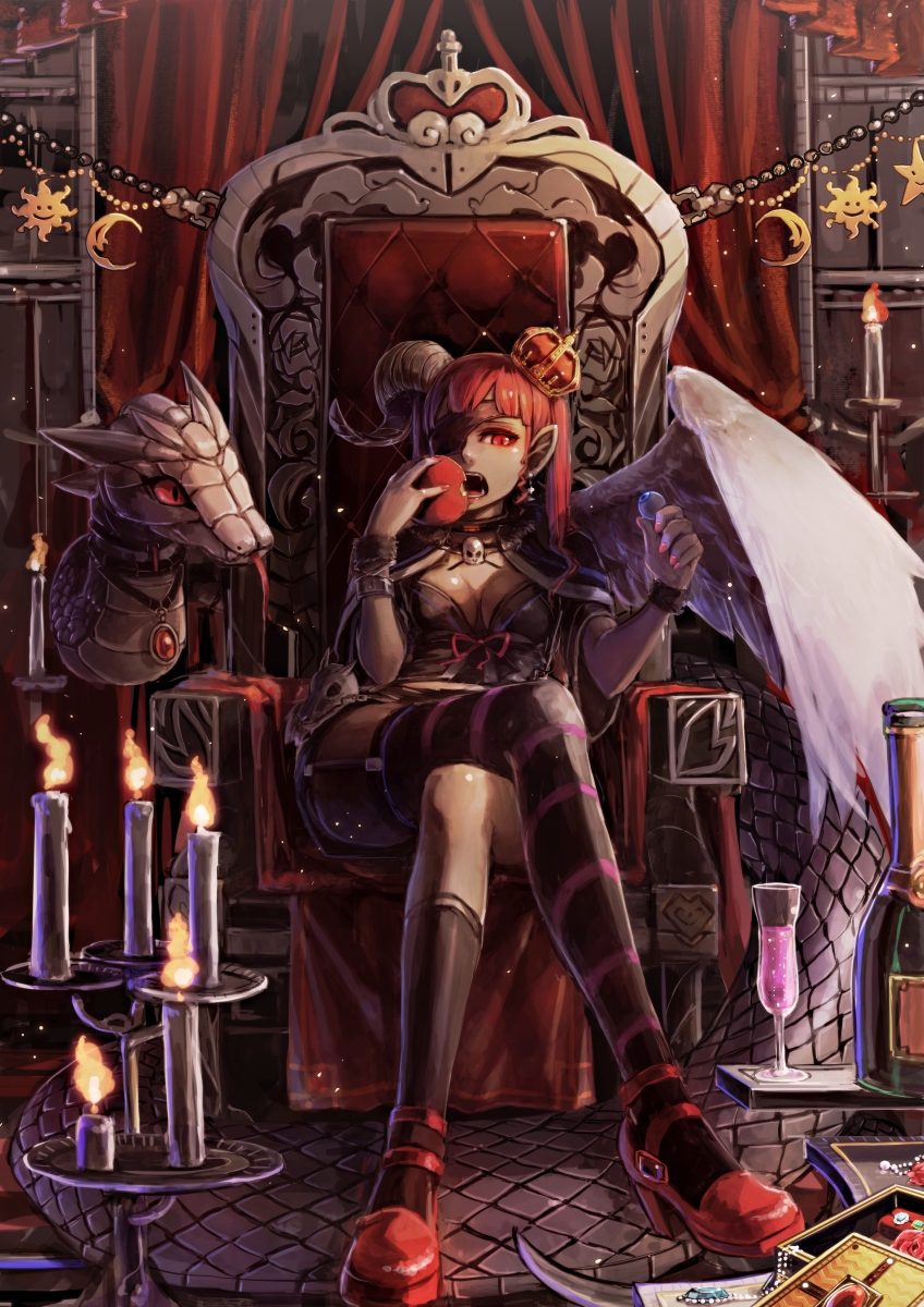asymmetrical_clothes, asymmetrical_clothing, black_legwear, bracelet, breasts, candle, choker, cleavage
