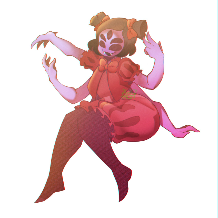 1:1, 1girl, 2024, 2d, anthro, arachnid, arms_up, arthropod, arthropod_girl, artist_logo, artist_name, black_hair, black_pantyhose, black_sclera, blouse, bow, chromatic_aberration, colored_sclera, colored_skin, commentary, dated, digital_media, english_commentary, extra_arms, extra_eyes, fangs, female, female_only, fewer_digits, film_grain, full_body, hair_bow, highres, invisible_chair, monster, monster_girl, muffet, nosebleed-inglishera, open_mouth, pantyhose, pantyhose_under_romper, puffy_short_sleeves, puffy_shorts, puffy_sleeves, purple_skin, red_blouse, red_bow, red_romper, romper, short_twintails, shorts, signature, simple_background, sitting, solo, spider, spider_girl, twintails, undertale, utdr_(toby_fox), white_background