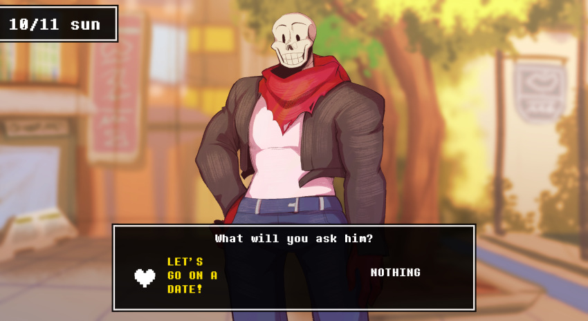 1boy, 2025, 2d, alternate_costume, arm_at_side, black_jacket, blue_pants, closed_mouth