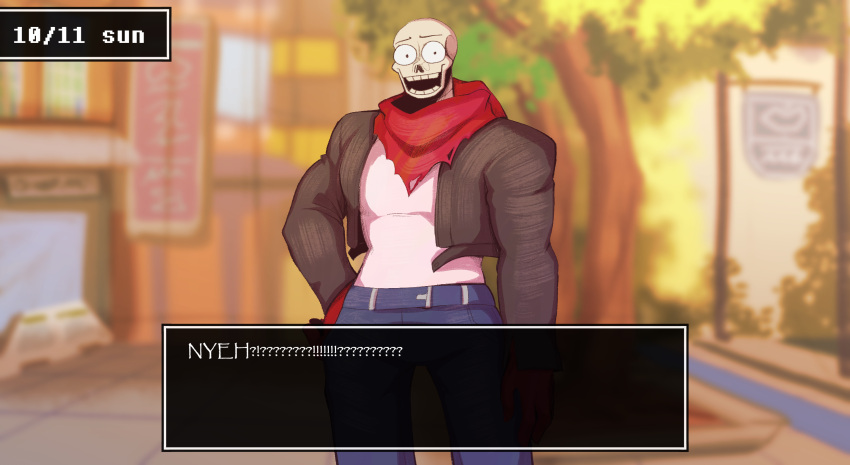 1boy, 2025, 2d, alternate_costume, arm_at_side, black_jacket, blue_pants, bulging_eyes