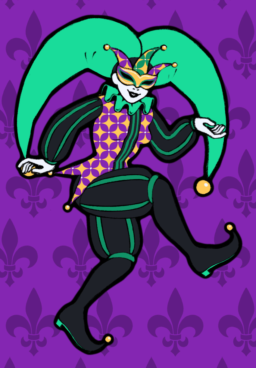 alternate_costume, artistic_error, black_boots, black_lips, boots, breasts, colored_skin, dreamscreep, eye_mask, hat, hatsune_miku, highres, jester, jester_cap, lips, long_sleeves, mardi_gras, mask, neck_ruff, print_shirt, puffy_long_sleeves, puffy_shorts, puffy_sleeves, shirt, shorts, vocaloid, white_skin, wrong_hand
