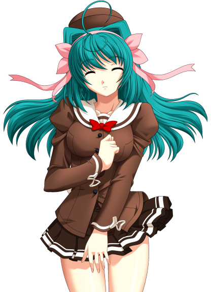 1girl, 2000s_(style), ahoge, aqua_hair, ayahime_kurumi, bow, closed_eyes, game_asset