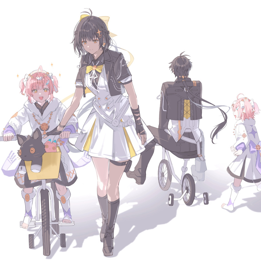1boy, 2girls, absurdres, adoptive_parent_and_adoptive_child, aemeath_(wuthering_waves), aemeath_(young)_(wuthering_waves), bicycle, black_gloves