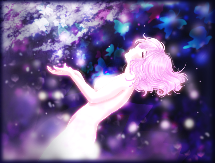 butterfly, closed_eyes, eyes_closed, gatsukyo_saki, no_hat, nude, pink_hair, profile, sad, saigyouji_yuyuko, short_hair, solo, touhou, tsukiori_sasa