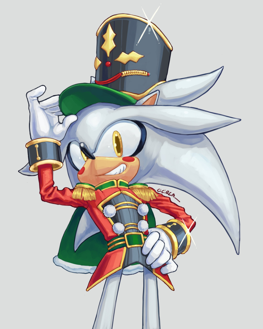 1boy, absurdres, adjusting_clothes, adjusting_headwear, black_hat, blush, brown_eyes, cape, christmas, cicirca, coat, epaulettes, fur-trimmed_cape, fur_trim, furry, furry_male, gloves, grey_background, hand_on_own_hip, hat, highres, looking_at_viewer, official_alternate_costume, silver_the_hedgehog, silver_the_hedgehog_(nutcracker), simple_background, solo, sonic_(series), white_gloves