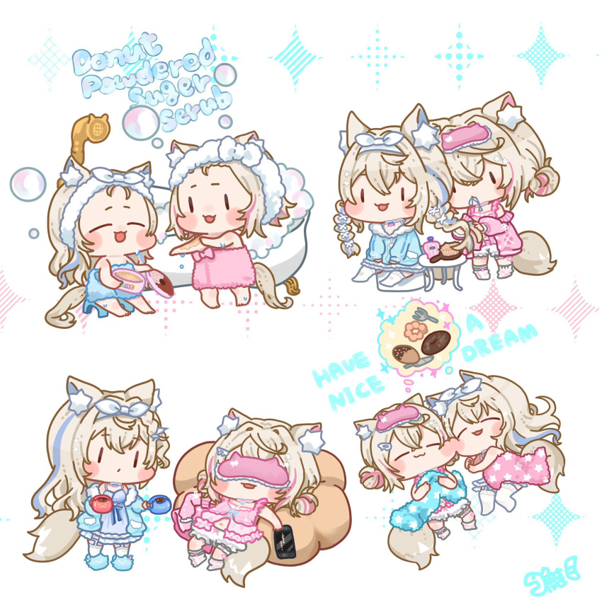 2girls, :3, animal_ear_fluff, animal_ears, bathtub, blanket, blonde_hair, blue_jacket