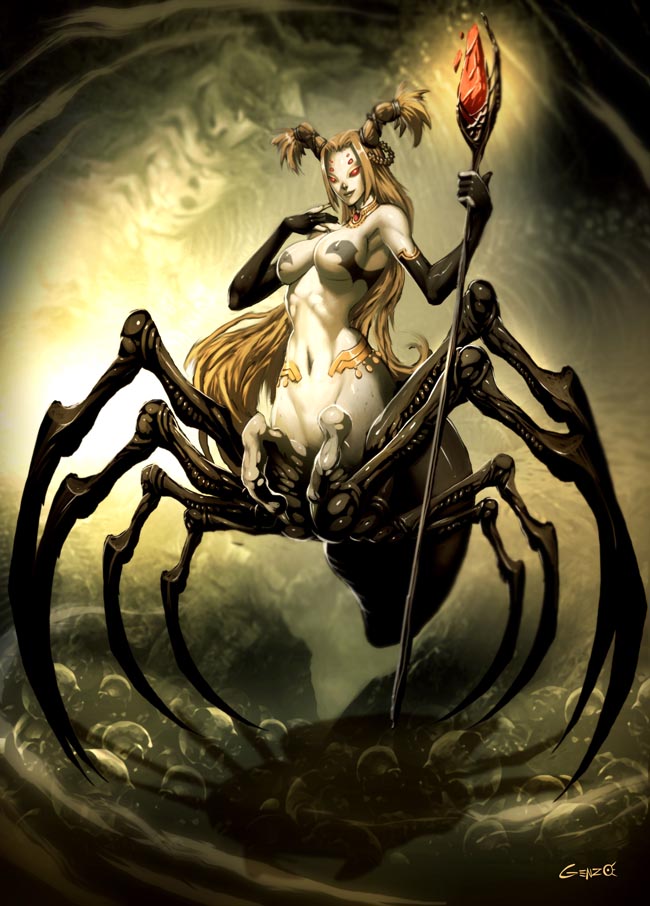 blonde_hair, breasts, copyright_request, drider, elbow_gloves, genzoman, gloves, jewelry, long_hair, monster_girl, mound_of_venus, multiple_eyes, necklace, red_eyes, skull, smile, solo, spider_girl, staff, very_long_hair