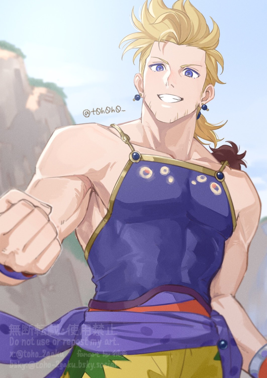 1boy, bare_shoulders, beard, blonde_hair, blue_eyes, blue_shirt, blue_sky, chinstrap_beard