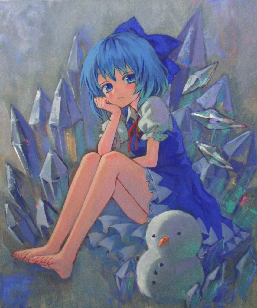 acrylic_paint_(medium), ama-tou, bare_legs, barefoot, blue_dress, blue_eyes, blue_hair, blush