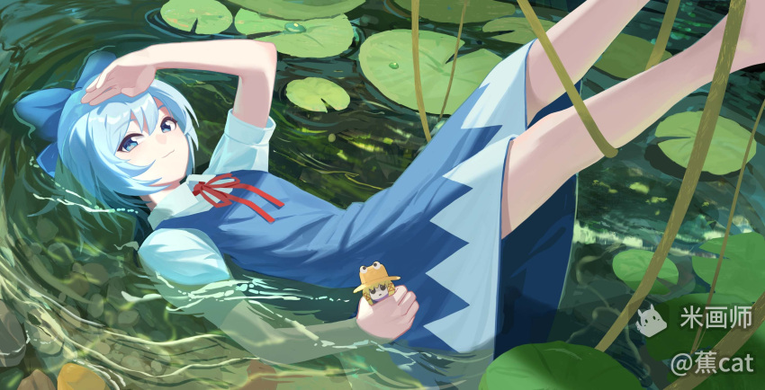 1girl, arm_up, blue_bow, blue_dress, blue_eyes, blue_hair, bow, cirno