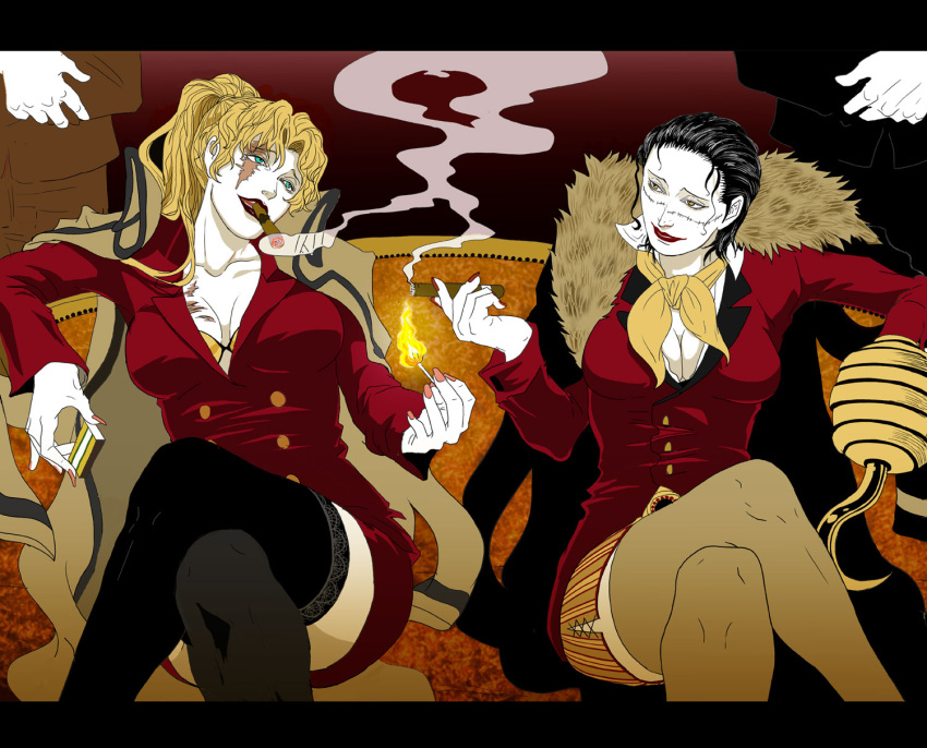 balalaika, biliken, black_hair, black_lagoon, blonde_hair, blue_eyes, breasts, cigar, crocodile, crossover, genderswap, highres, hook_hand, large_breasts, legs, long_hair, multiple_girls, one_piece, ponytail, scar, short_hair, sir_crocodile, sitting, smile, smoke, smoking, thighhighs, yellow_eyes